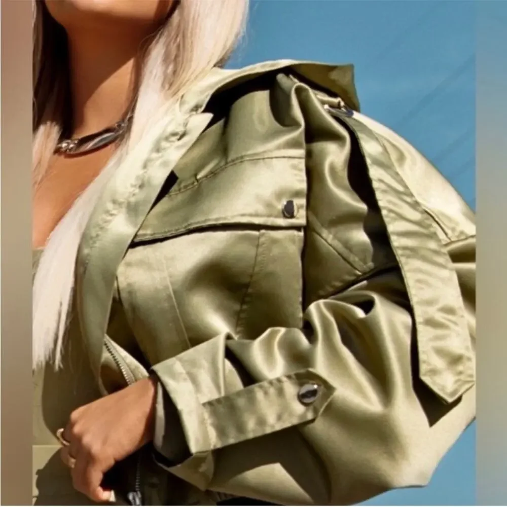 New Pretty Little Thing Womens Satin Oversized Hooded Bomber Jacket Sage Green 6 - Picture 5 of 9